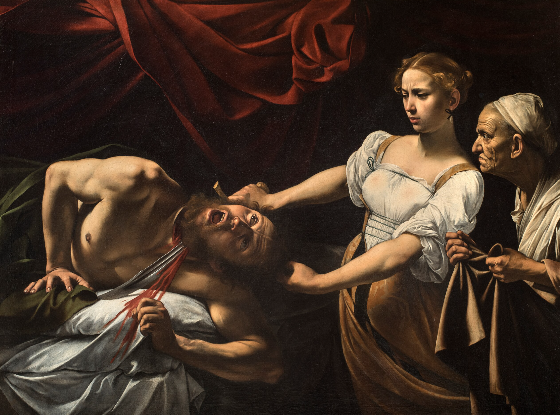 Caravaggio’s Judith Beheading Holofernes depicting Holofernes’ final moment with symbolic Baroque realism.