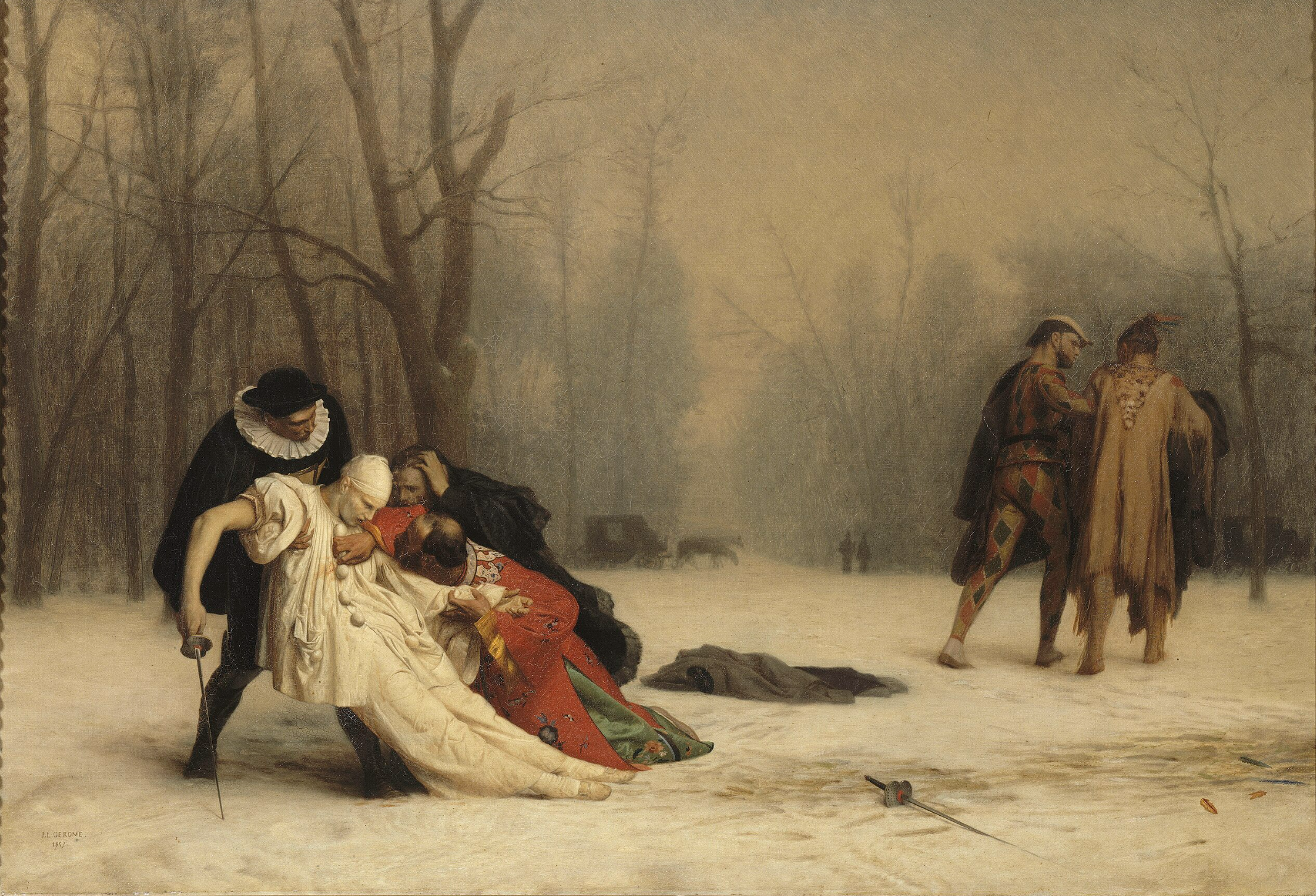 After the Duel painting by Jean-Léon Gérôme 1859 showing a wounded duelist on snowy ground