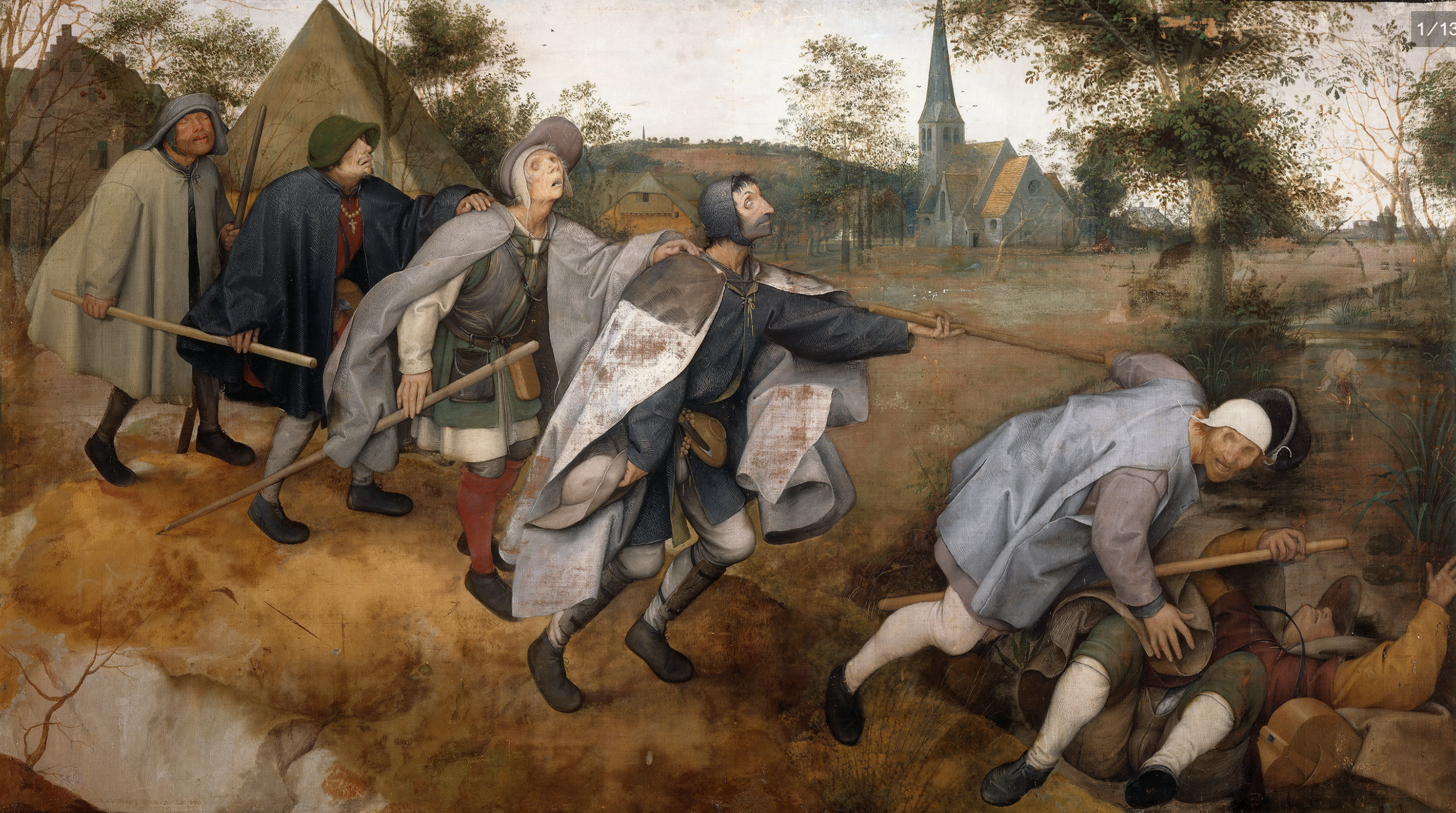The Blind Leading the Blind 1568 painting by Pieter Bruegel the Elder depicting six blind men walking toward a ditch